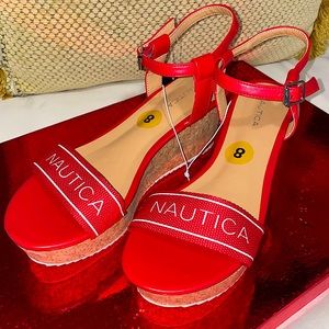 Nautica Red Espadrille Mid Wedge Sandals with Fashion Buckle